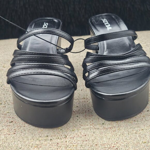 SODA Women Strappy Wedge Heel Sandal Black Vegan Faux Leather Shoes Size 6M - Picture 3 of 13